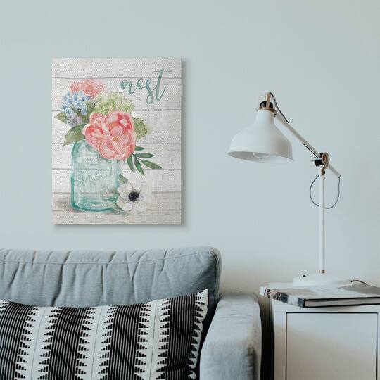 Stupell Industries Nest Grow Flower Jar Rustic Wood Textured Word Design Canvas Wall Art